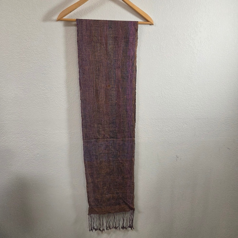 Hand Woven Extra Long Fringed Scarf Purple Brown Orange Multicolor Boho 11x82